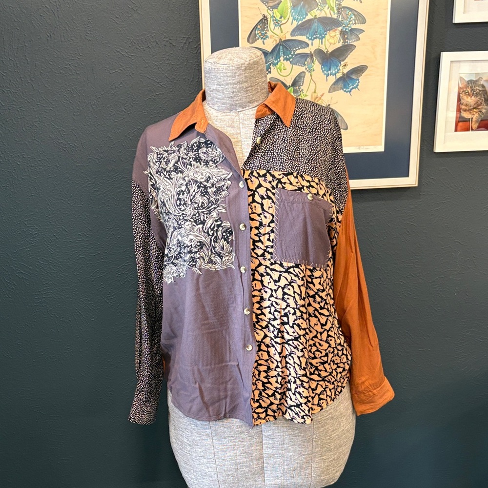 Mixed-Print Vintage Rayon Button-Down Shirt Caramel Grey Beige Size 2XL